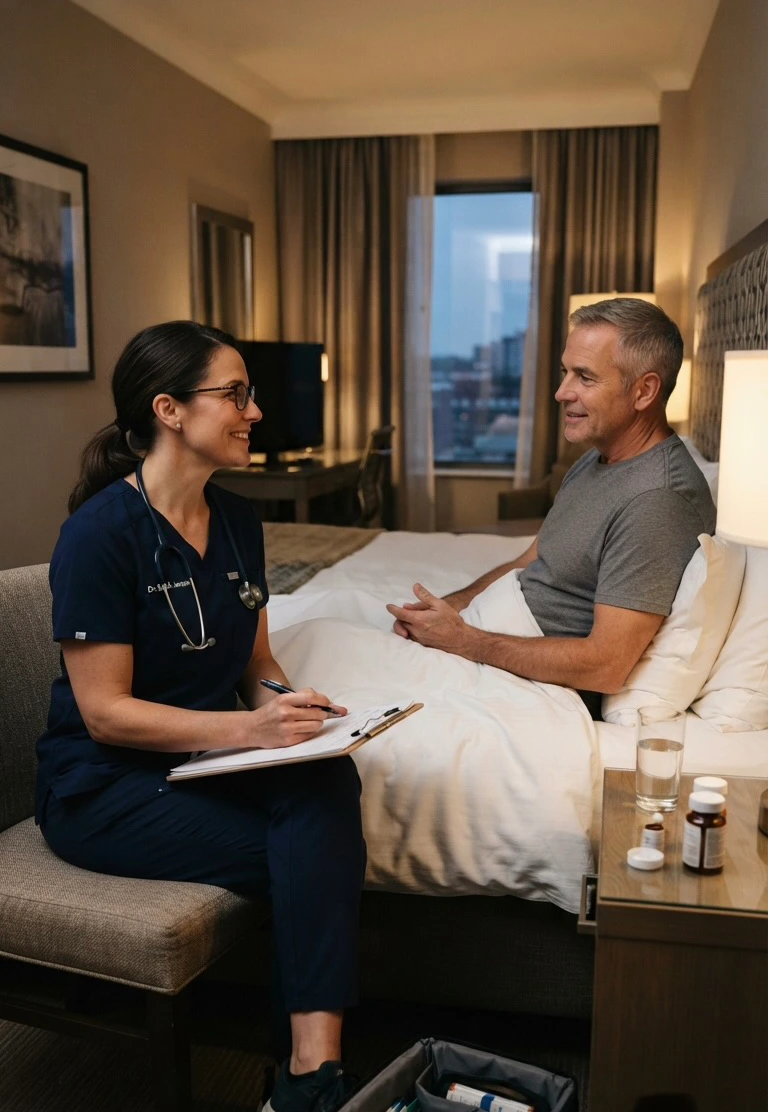 Licensed medical professional conducting a calm non-emergency consultation with a visitor in a Waikīkī hotel room