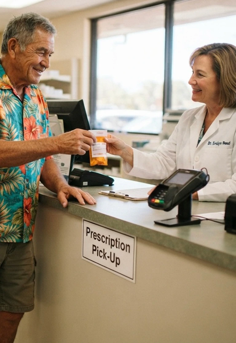 Medical professional explaining prescription and pharmacy next steps to an adult visitor in Waikīkī